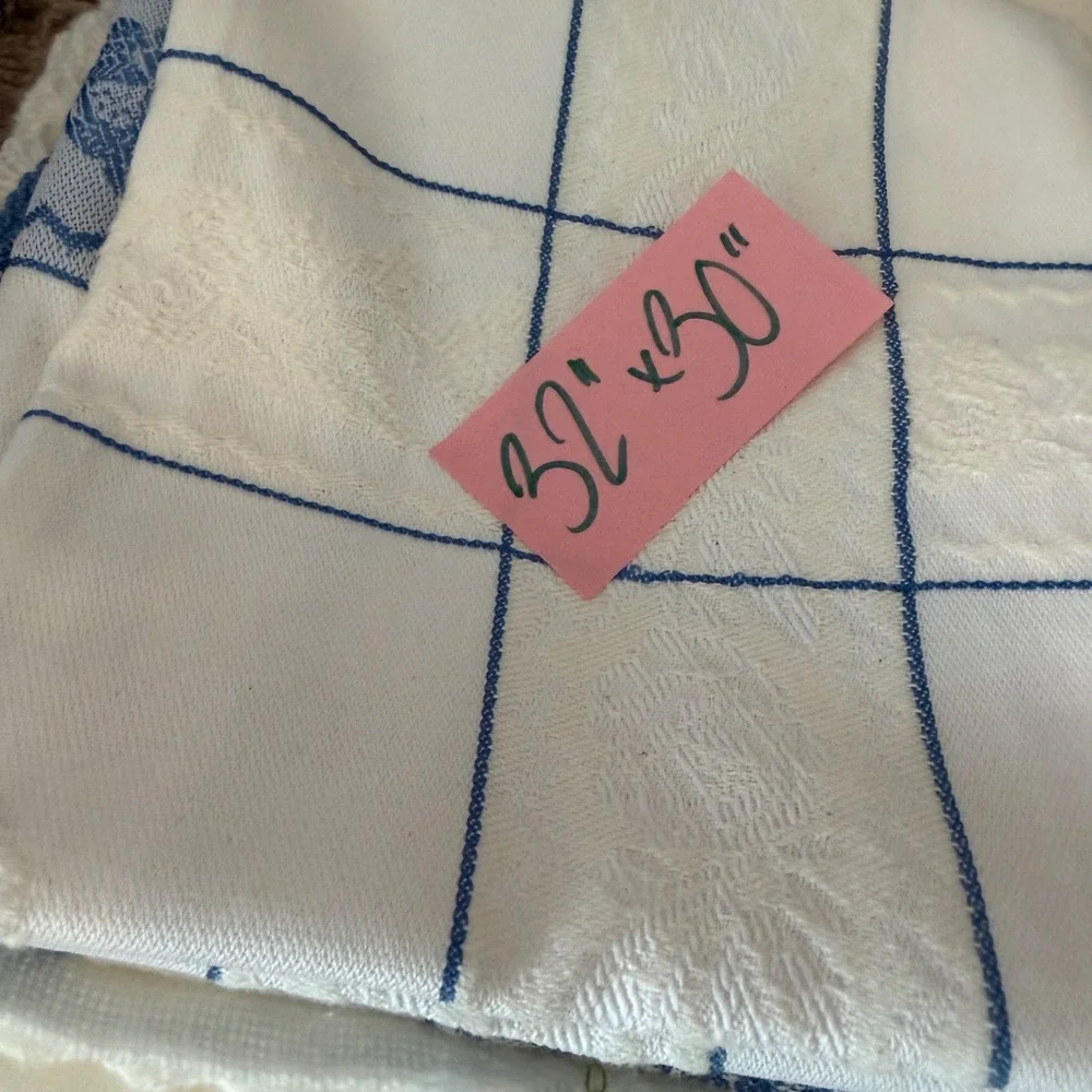 Vintage Blue White Cotton Damask Tablecloth Rose Floral Crochet Trim 32x30